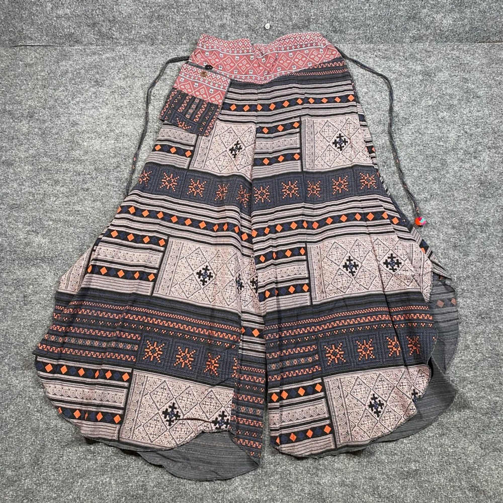 Kamana Womens XL Cotton Wide Leg Culotte Pants Boho Tribal Print Gaucho Charcoal